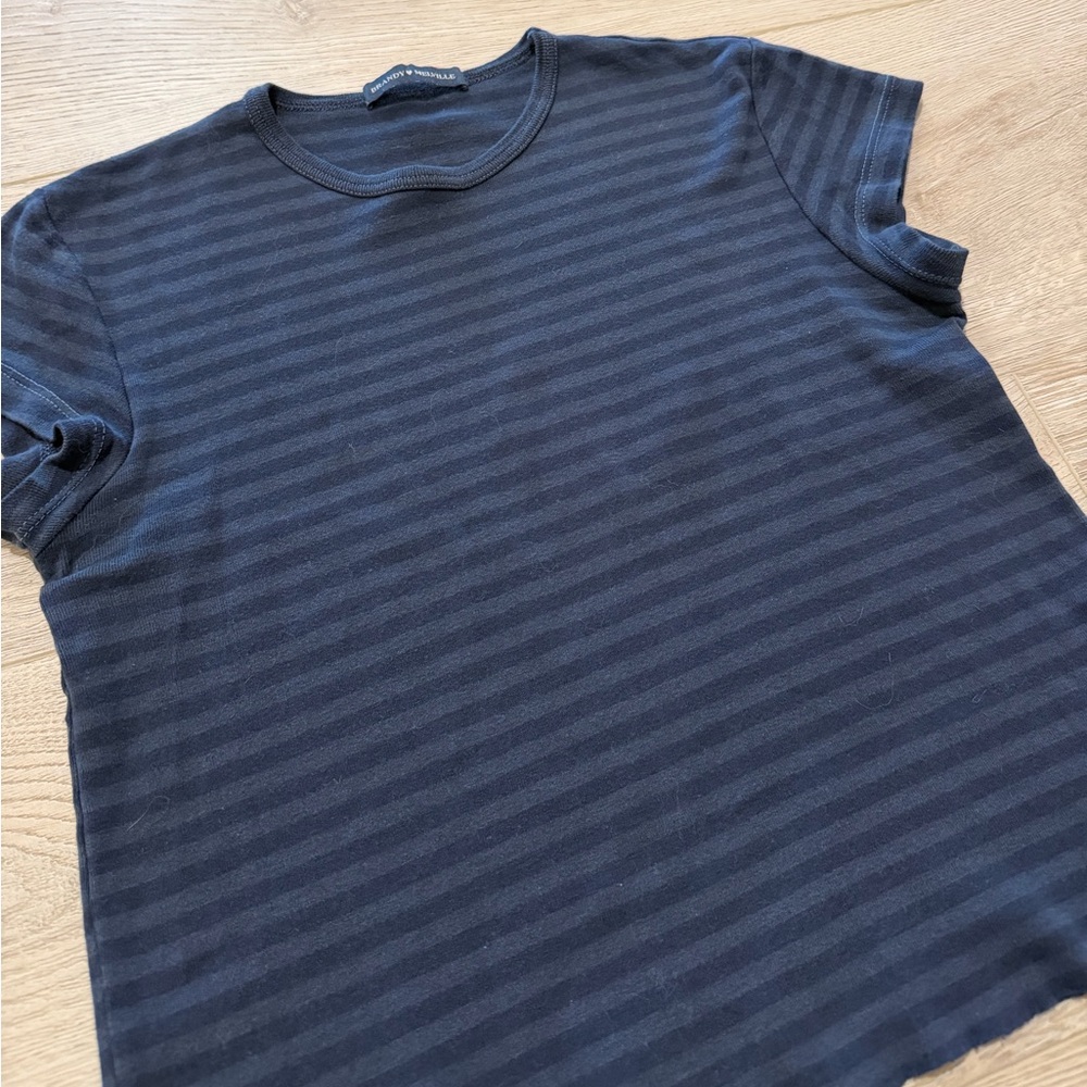 Brandy Melville Hailie Stripe Top Navy Blue Raw Hem - Picture 7 of 8